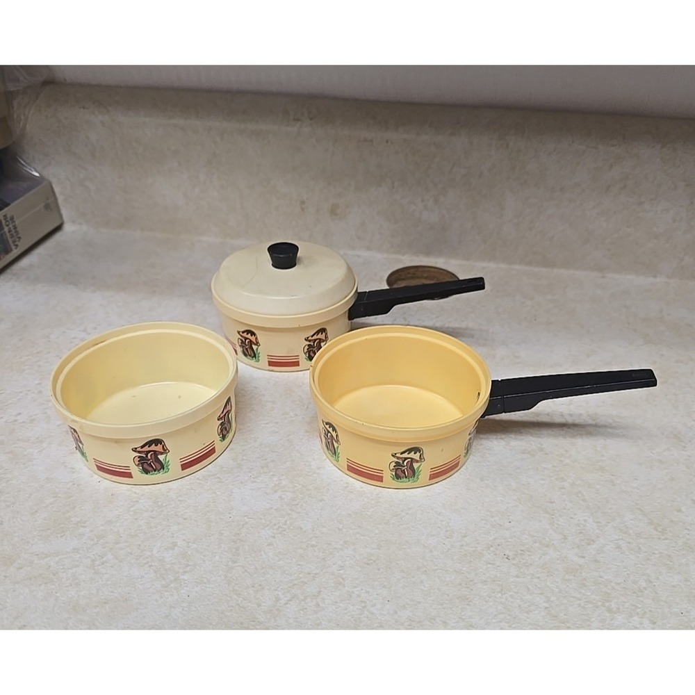 Set‎ of 3 Vtg Mushroom Pretend Play Childs Play Doll Kitchen Cooking Cookware